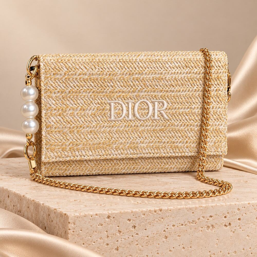 Dior Beauty GWP Raffia Clutch Crossbody With Pearl Extender